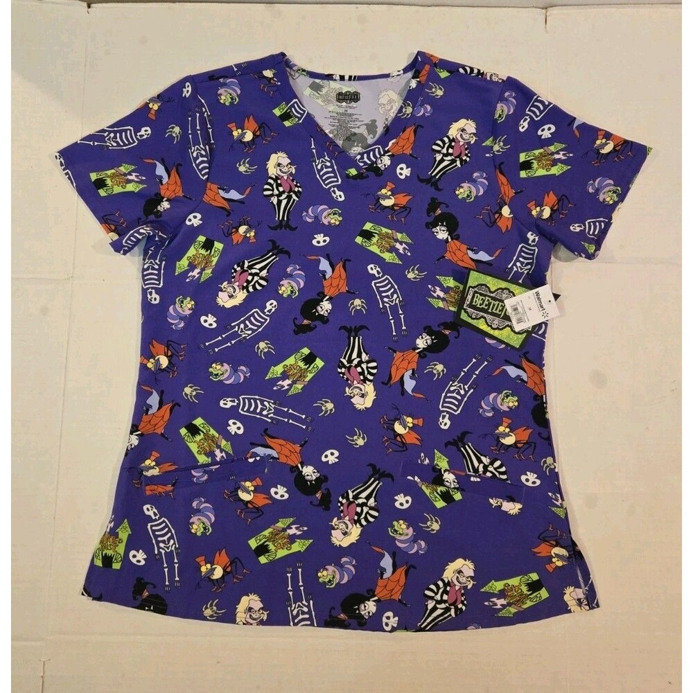Beetlejuice Purple Halloween Print Fashion Scrub Top Size Medium Isaac Morris